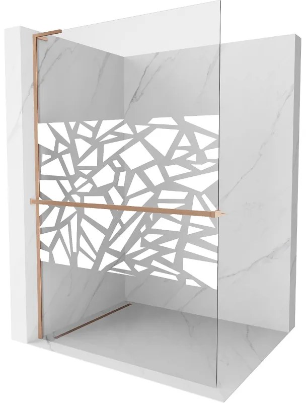 Mexen Kioto+ L, sprchová zástena Walk-In s poličkou a vešiakom 90 x 200 cm, 8mm číre sklo biely vzor, medený matný profil, 800-090-123-65-85