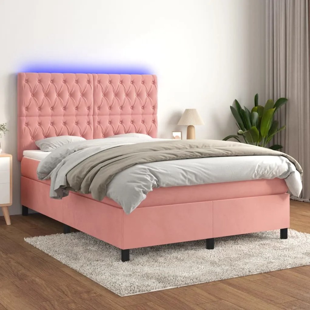 Posteľný rám boxsping s matracom a LED ružový 140x190 cm zamat 3136304