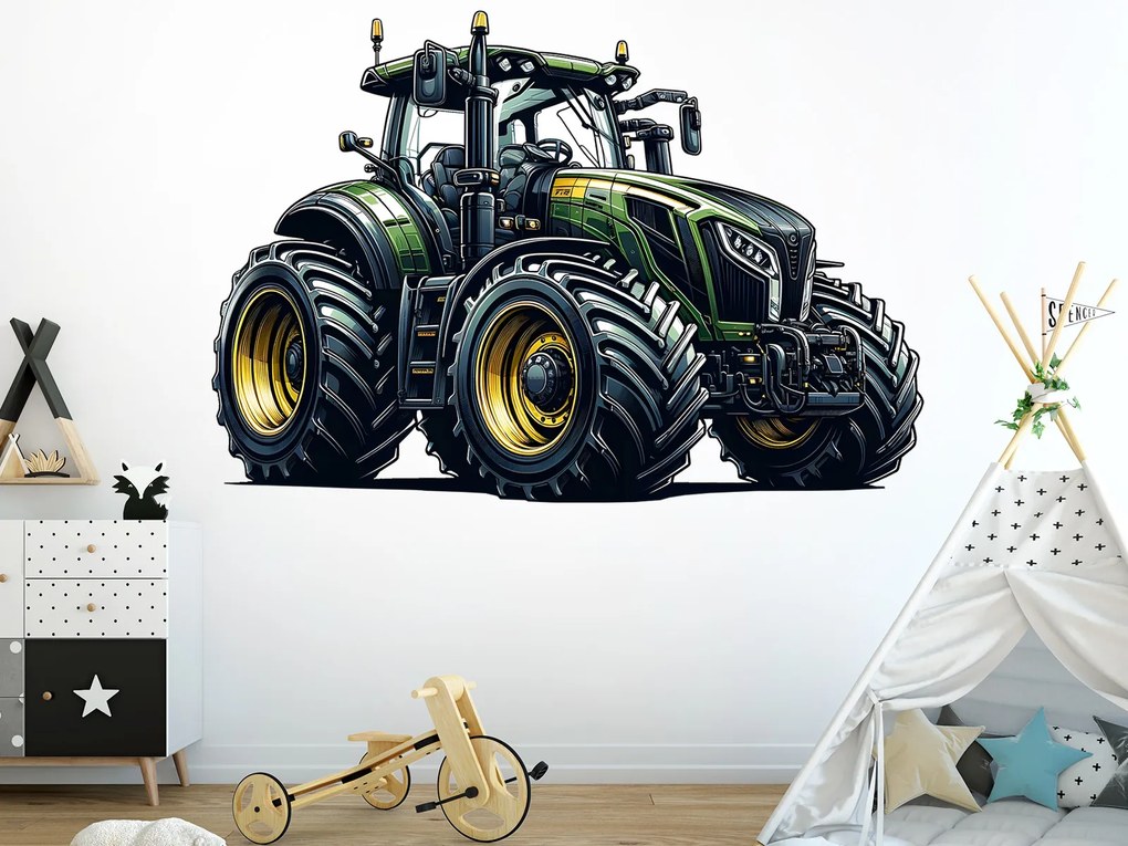 Zelený traktor textilní prelepiteľná nálepka na stenu hárok 45 x 31 cm