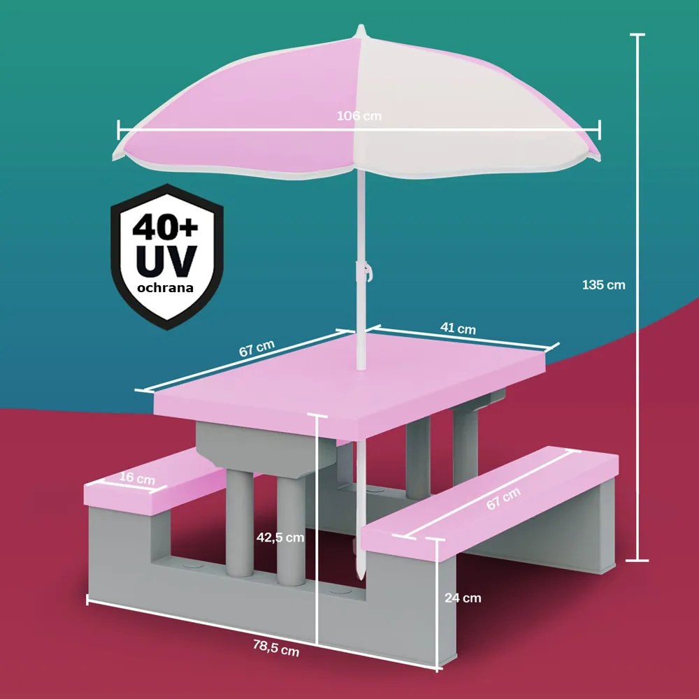 Spielwerk Detská sedacia zostava so slnečníkom JASMIN, 67x78,5x42,5cm, ružová/šedá
