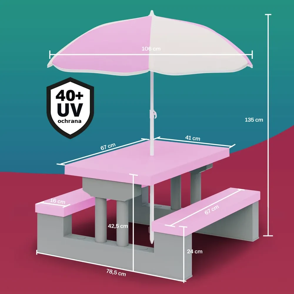 Spielwerk Detská sedacia zostava so slnečníkom JASMIN, 67x78,5x42,5cm, ružová/šedá