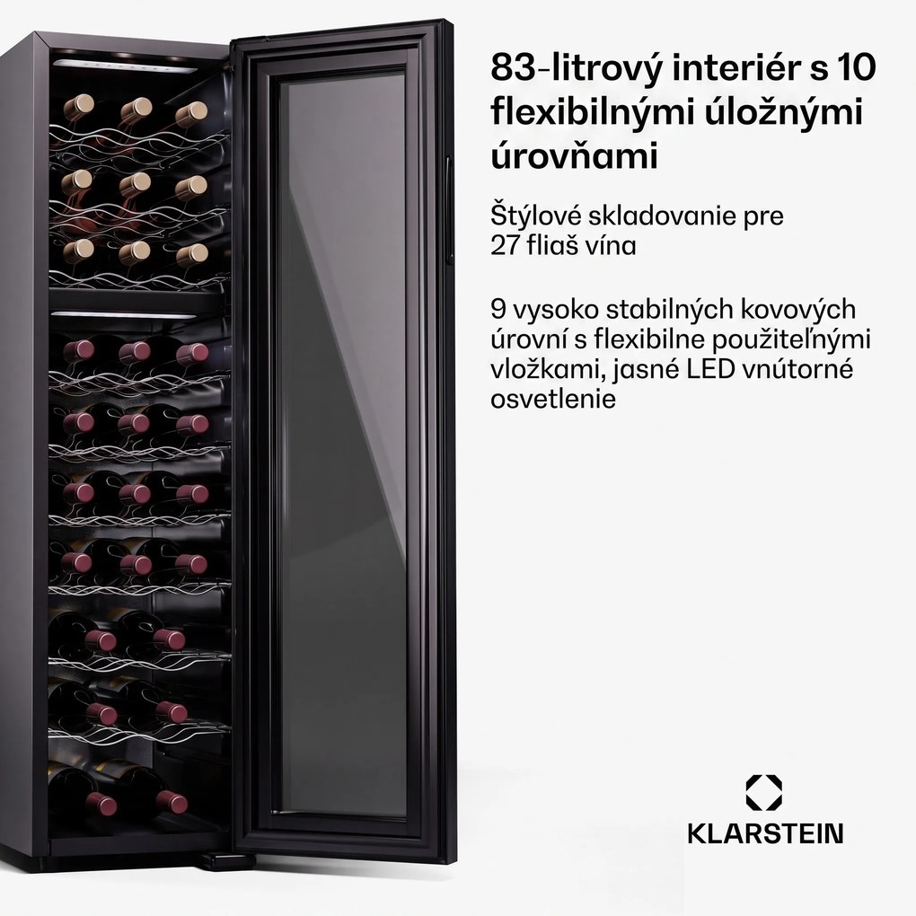 Klarstein Shiraz 27 Duo, chladnička na víno, 2 zóny, 83 l/27 fliaš, 5-18 / 5-18 °C, dotykové ovládanie