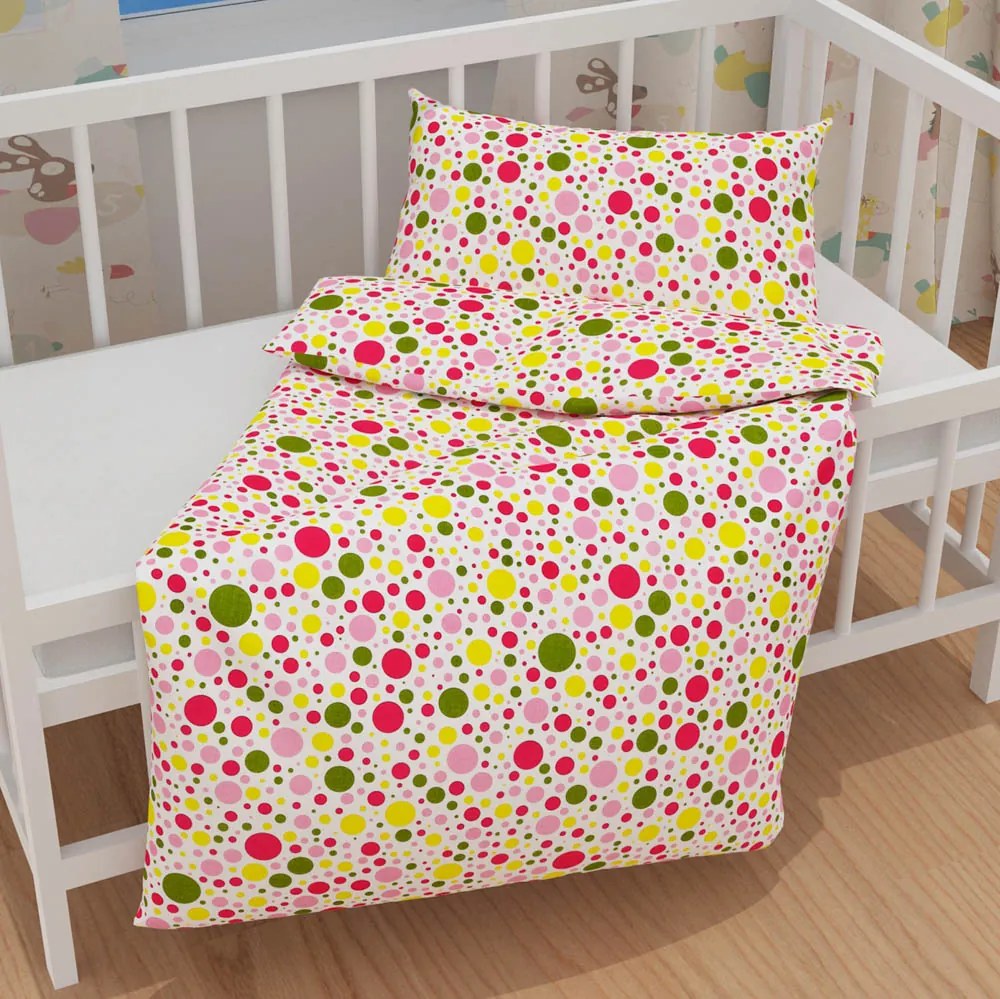 Biante Detské bavlnené posteľné obliečky do postieľky Sandra SA-209 Ružové a žlté bodky na bielom Do postieľky 100x135 a 40x60 cm