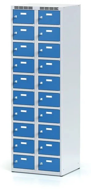 Alfa 3 Šatníková skrinka s úložnými boxami, 20 boxov, 1800 x 600 x 500 mm, otočný zámok, modré dvere