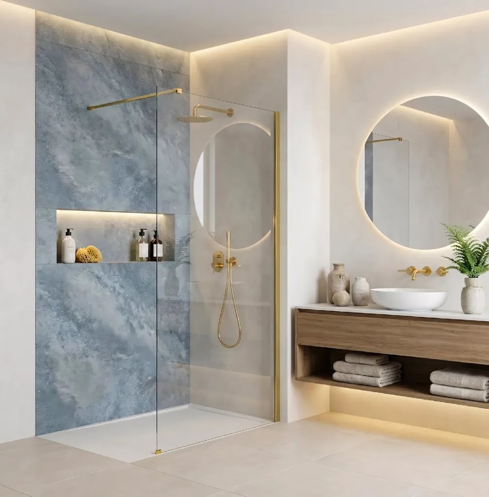 Bezrámová sprchová zastena REA FLEXI GOLD 70 cm, zlatá lesk/transparent - bez vaničky