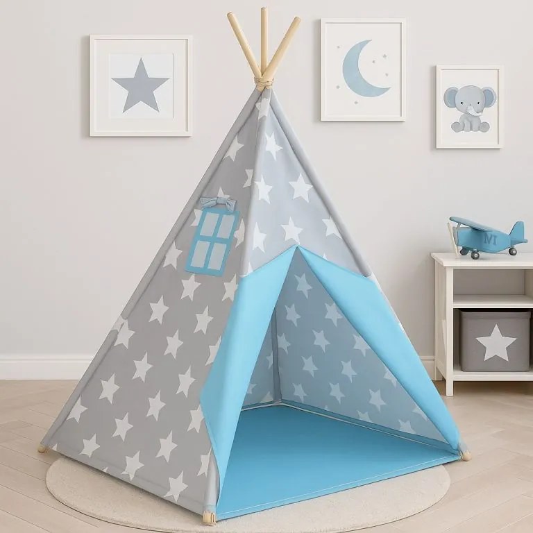 Detský stan teepee, sivo/modrý, bez príslušenstva