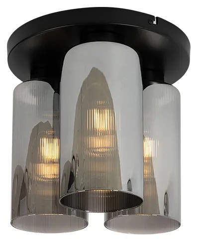 Stropné svietidlo v štýle Art Deco čierne s dymovým sklom 3-svetlo - Laura