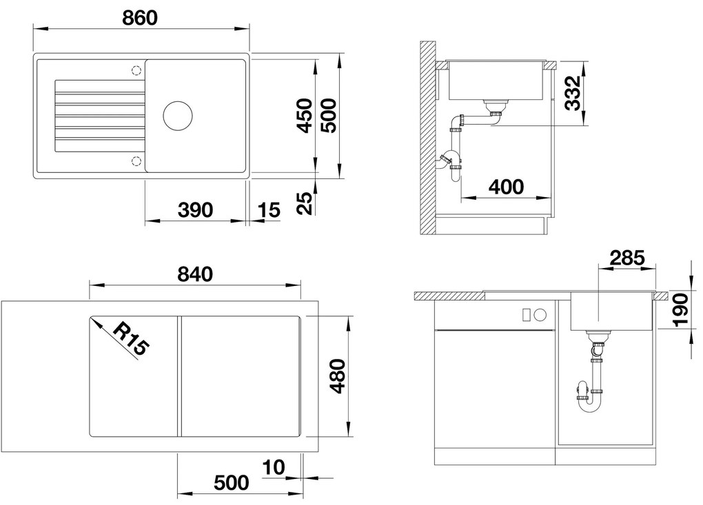 Blanco Zia 5 S, silgranitový drez 860x500x190 mm, 1-komorový, čierna, 526016