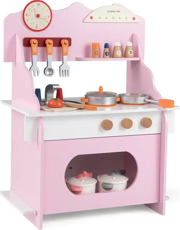 Detská kuchynka s kompletným príslušenstvom Bábikové kravy s hodinami, sporákom a poličkou na koreniny Ružová