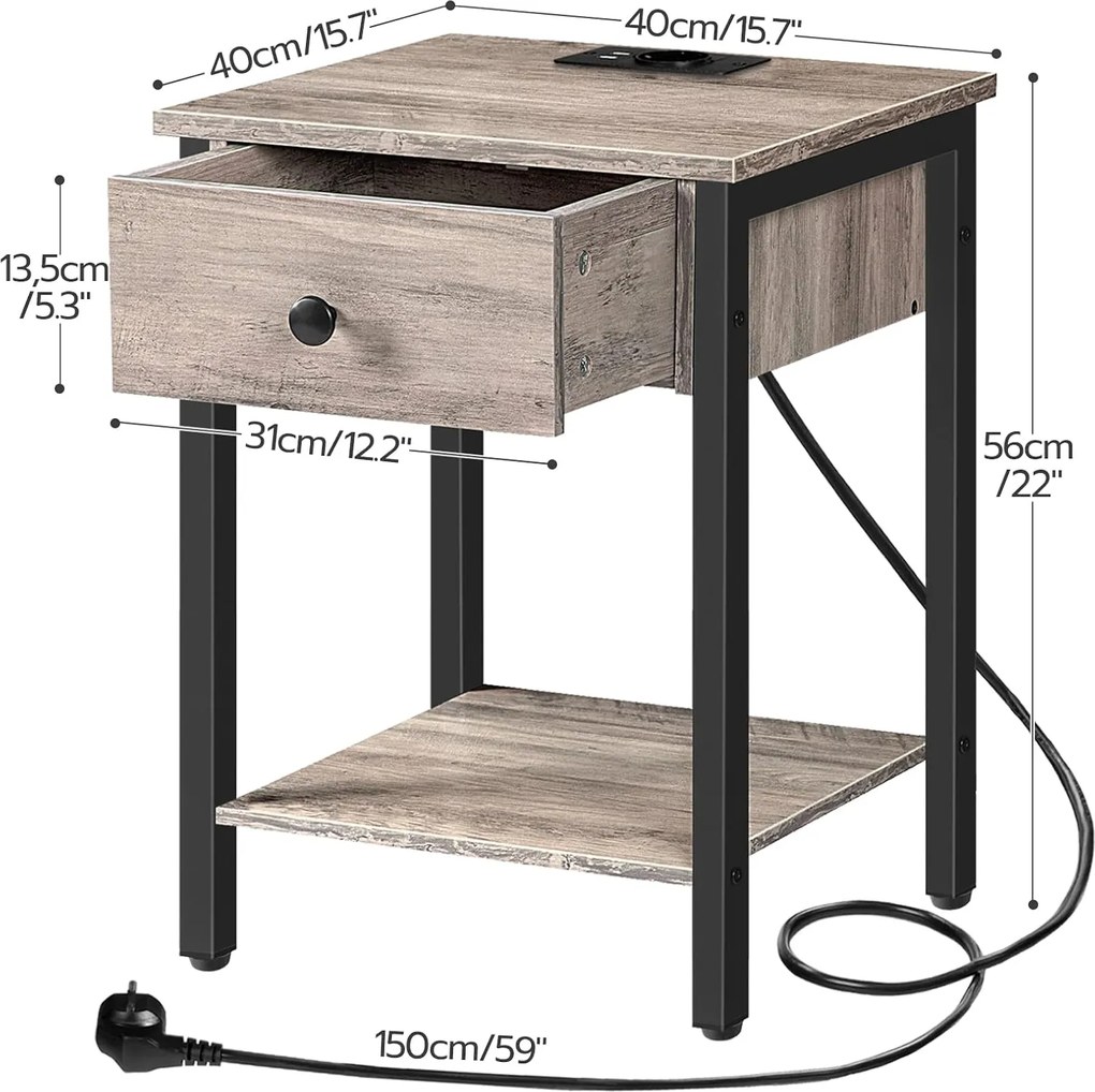 Noční stolek Vasagle Ferira 40 cm s nabíjecí stanicí černý/šedý