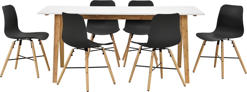 [en.casa]® Dizajnový bambusový jedálenský stôl HTNT4302 so 6 čiernymi stoličkami HTMD-6523