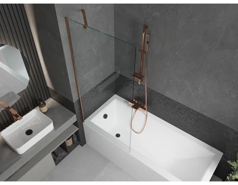 Mexen Next, vaňová zástena 1-krídlová 80 x 150 cm, fixné krídlo, 6 mm číre sklo, ružové zlato profil, 895-080-000-00-00-60