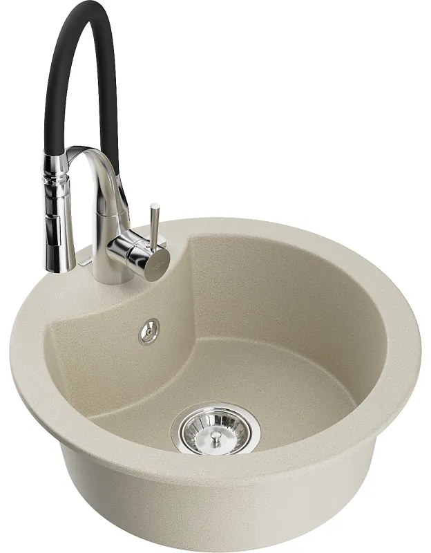 Mexen Diego, 1-komorový granitový drez 488x488x167 mm a drezová batéria Aster, béžová, 6512-69-73450-07
