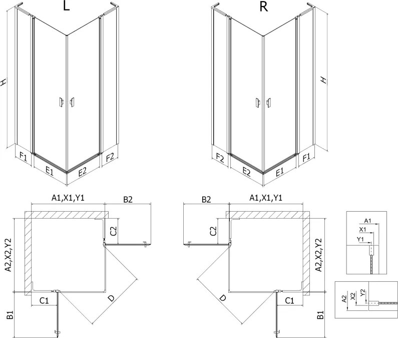 Mexen, Mexen Mist L Duo sklápací sprchový kút 100 x 100 cm, čierny rám - 8A4L-100L-100P-70-70