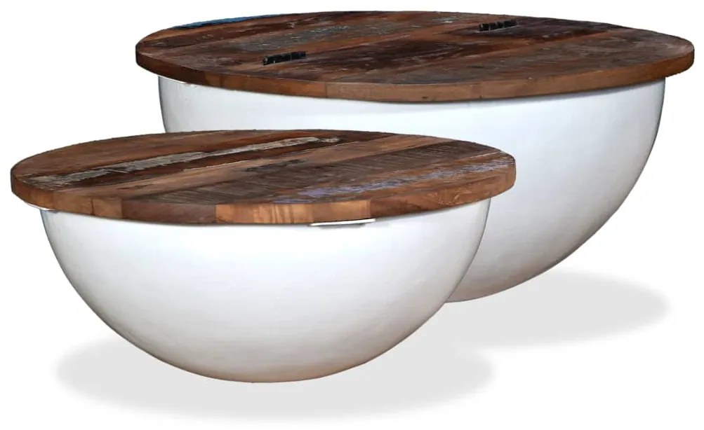 vidaXL Súprava 2 bielych konferenčných stolíkov v tvare misy, masívne regenerované drevo