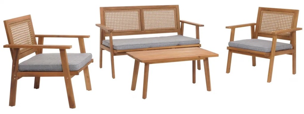 Záhradná súprava 2 kresiel, pohovky a stolíka HWC-N46, akáciové drevo - sivé vankúše