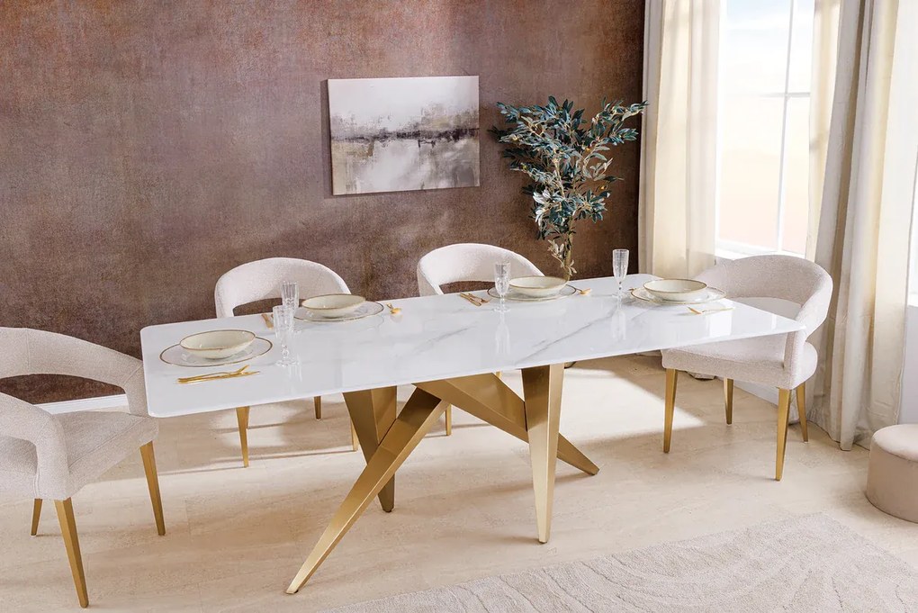 Jedálenský stôl ART LIVING 200 cm s keramickou doskou z bieleho mramoru a rámom v šampansko-zlatej farbe