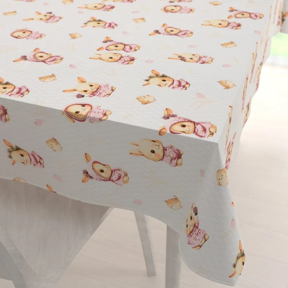 Biante Detský bavlnený obdĺžnikový obrus Sandra SA-538 Ružové zajačiky a vtáčiky na bielom 50x100 cm