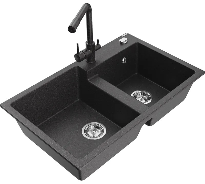Mexen Tomas, granitový drez 800x500x190 mm, 2-komorový a čierna škvrnitá batéria Duero, čierna škvrnitá, 6516-76-671600-76