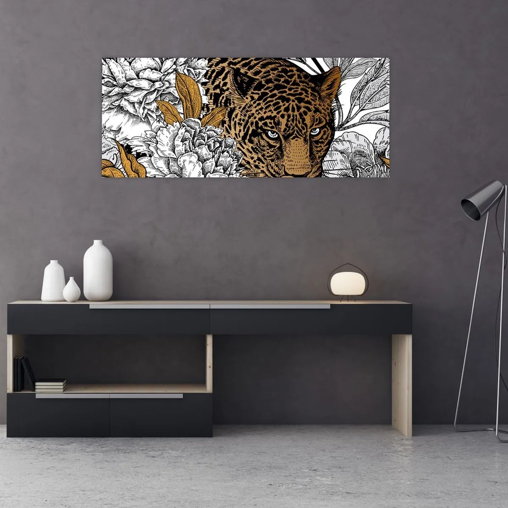 Obraz - Leopard medzi kvetmi (120x50 cm)