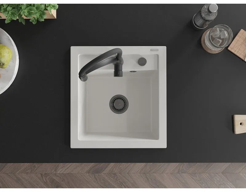 Mexen Vito, 1-komorový granitový drez 490x520x210 mm a drezová batéria Aster, biela, 6503-20-73450-70-B