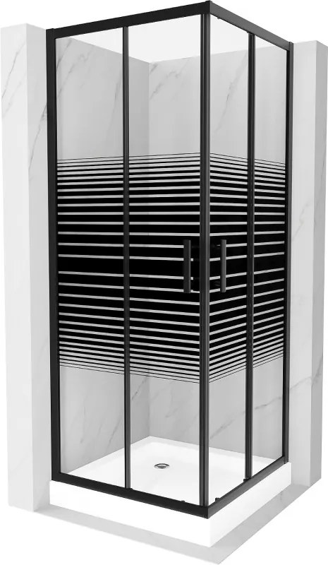 Mexen Rio, štvorcový sprchovací kút s posuvnými dverami 70(dvere) x 70(dvere) x 190 cm, 6mm číre sklo s pásikmi, čierny profil + biela sprchová vanička RIO, 860-070-070-70-20-4510