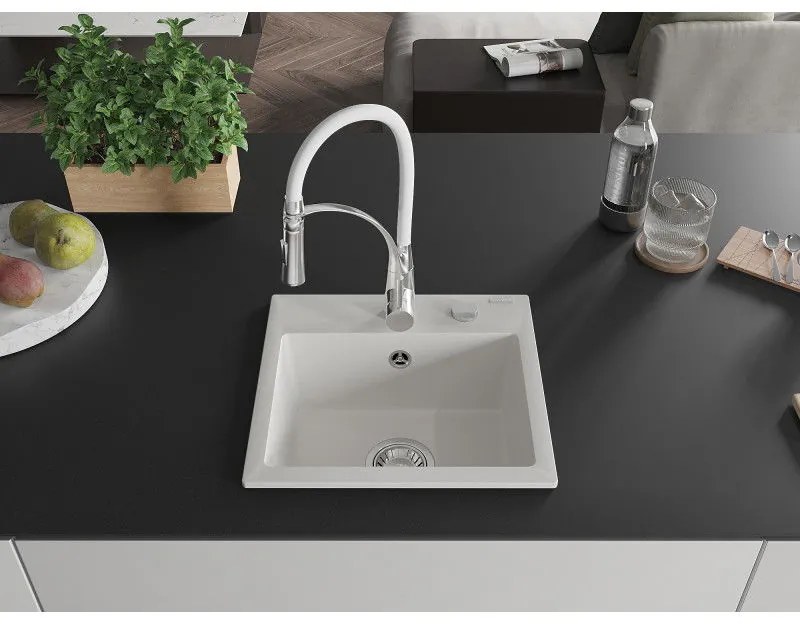 Mexen Milo, 1-komorový granitový drez 435x410x171 mm a drezová batéria Aster, biela, 6505-20-73450-02