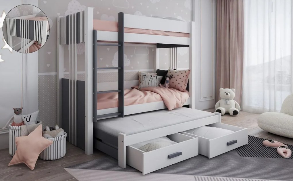 Detská poschodová posteľ z masívu borovice ARTEN III s prístelkou a šuplíky - 200x90 cm - biela/grafitová