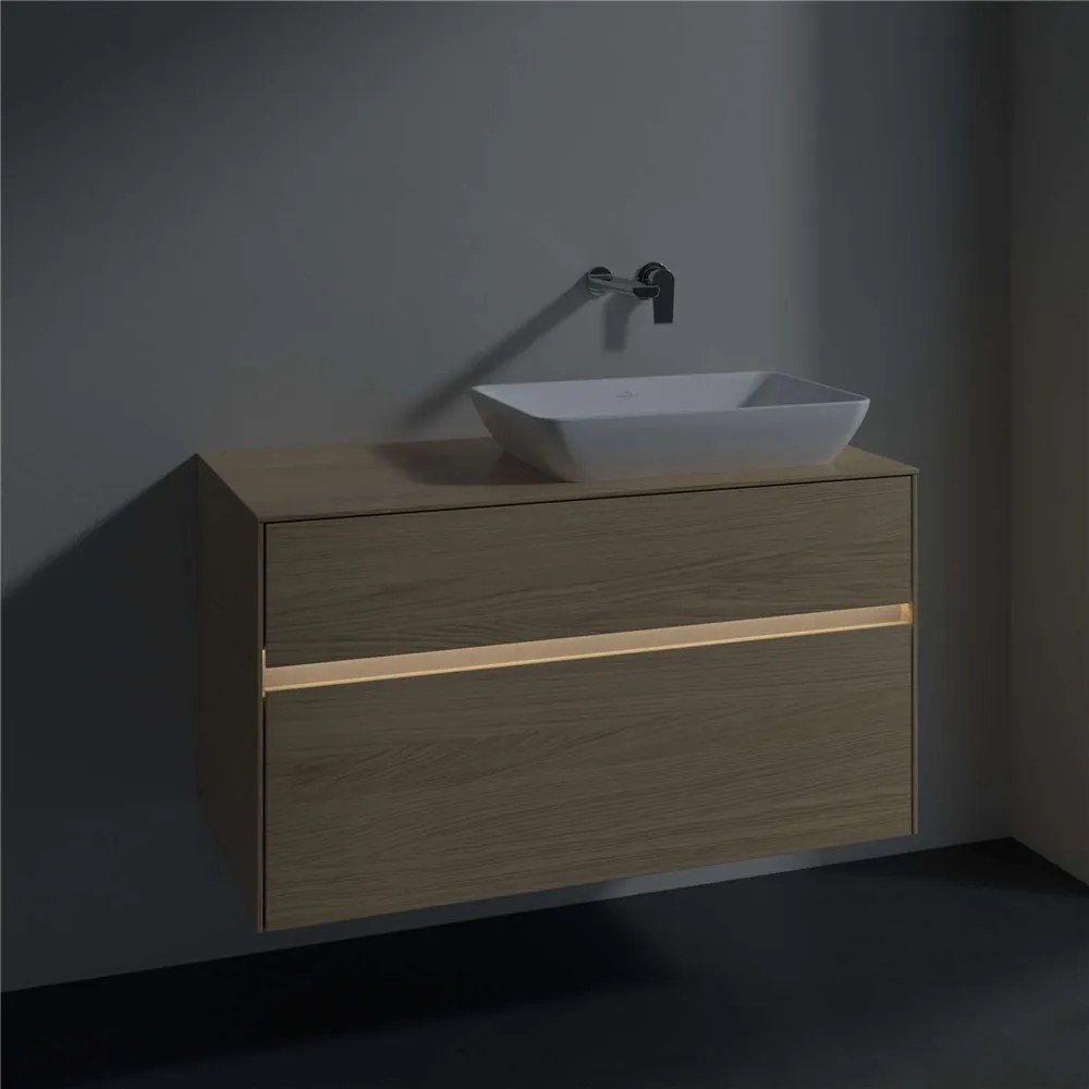 VILLEROY &amp; BOCH Collaro závesná skrinka pod umývadlo na dosku (umývadlo vpravo), 2 zásuvky, s LED osvetlením, 1000 x 500 x 548 mm, Nordic Oak, C111B0VJ