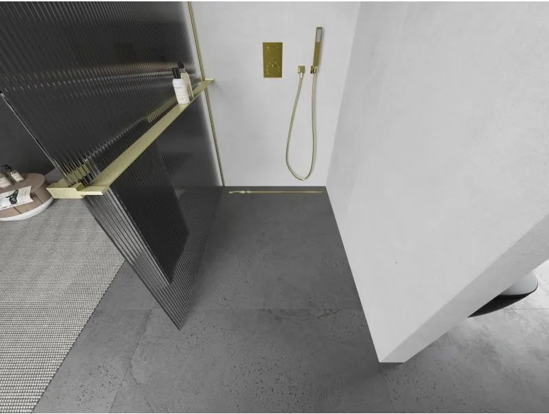 Mexen Kioto+ L, sprchová zástena Walk-In s poličkou a vešiakom 80 x 200 cm, 8mm sklo s rebrovým vzorom, zlatý matný profil, 800-080-123-55-09