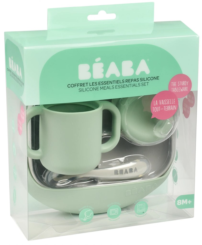 Jedálenská sada silikónová 4-dielna s podbradníkom Grey / Sage Green
