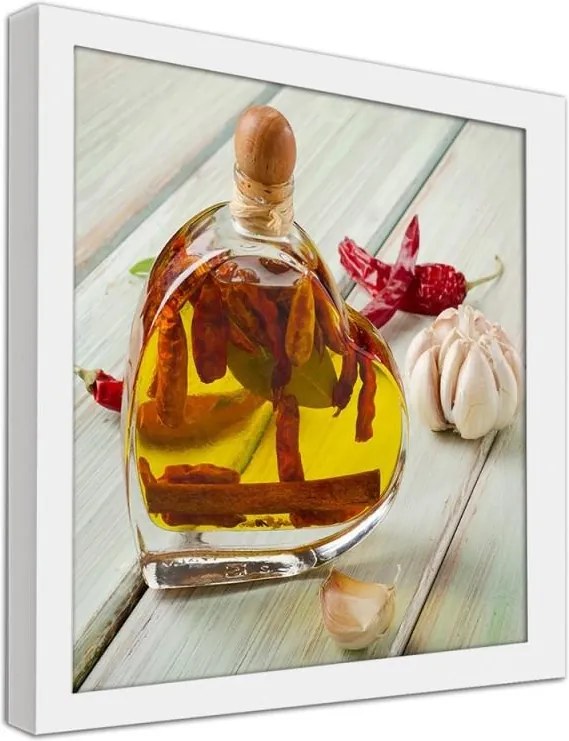 CARO Obraz v ráme - A Bottle Of Olive Oil On A Wooden Table Biela 20x20 cm
