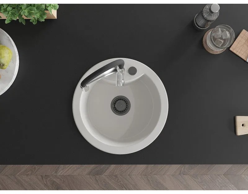 Mexen Diego, 1-komorový granitový drez 488x488x167 mm a drezová batéria Aster, biela, 6512-20-73450-07-B