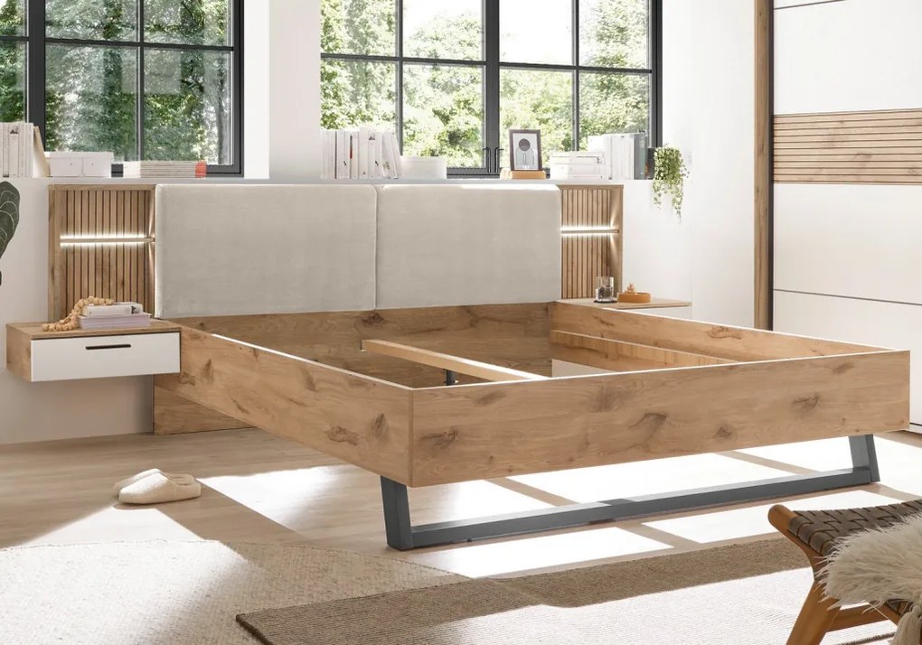 Posteľ s nočnými stolíkmi Daria 180x200 cm, dub/biela, s osvetlením