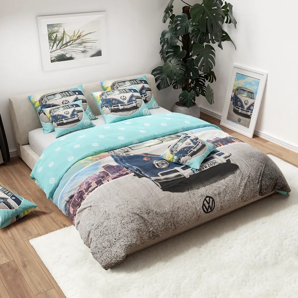 Detské obliečky AUTO VW modro-sivé Rozmer obliečky: 80 x 80 cm | 135 x 200 cm