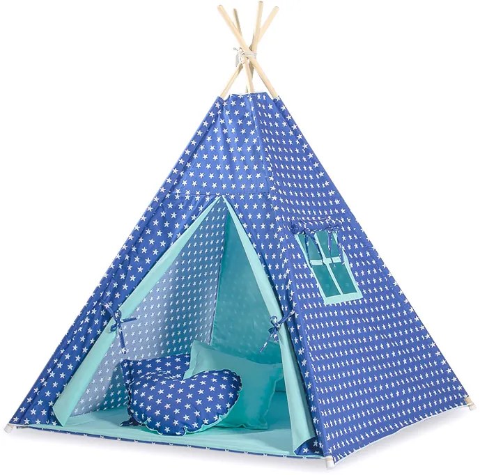 Bobono Stan Teepee pre deti + ozdobné perie - tmavomodré hviezdy
