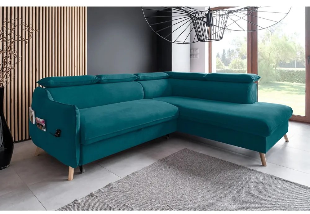 Tyrkysová zamatová rozkladacia rohová pohovka (pravý roh) Sweet Harmony – Miuform