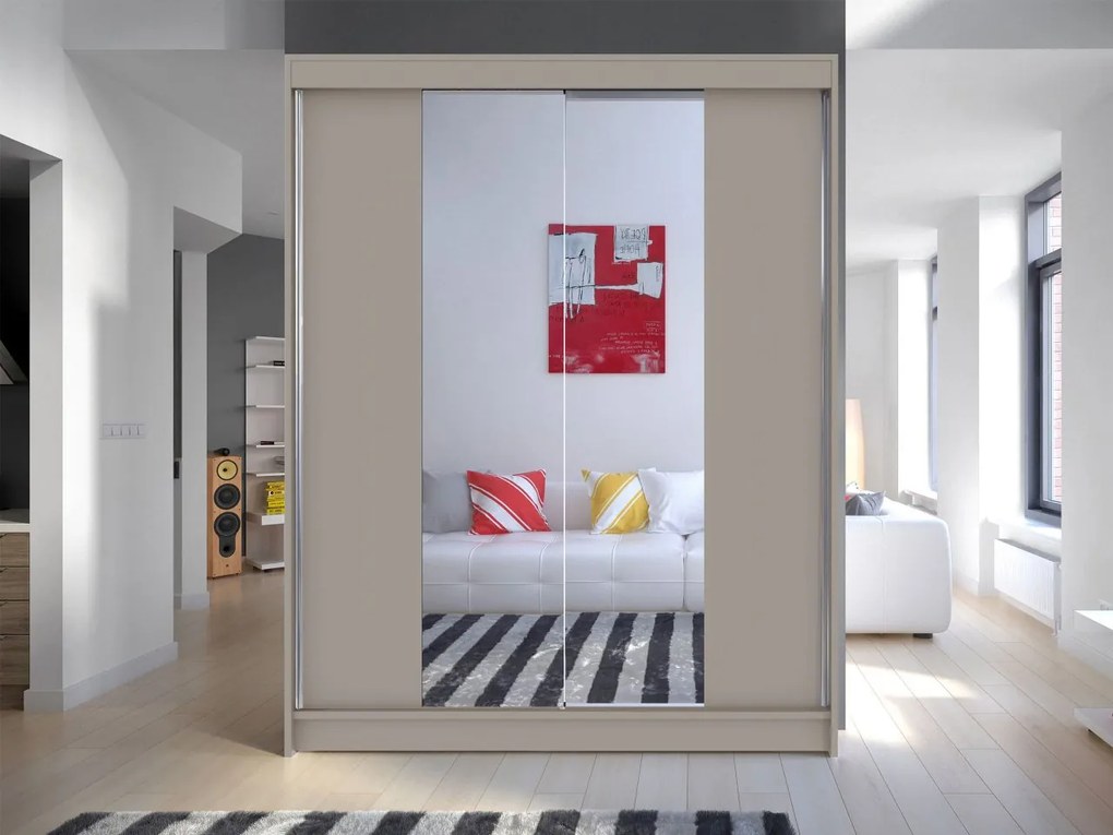 Skriňa s posuvnými dverami Belgia II, Farby: čierna / čierna + zrkadlo, Osvetlenie: osvetlenie LED RGB - farebné