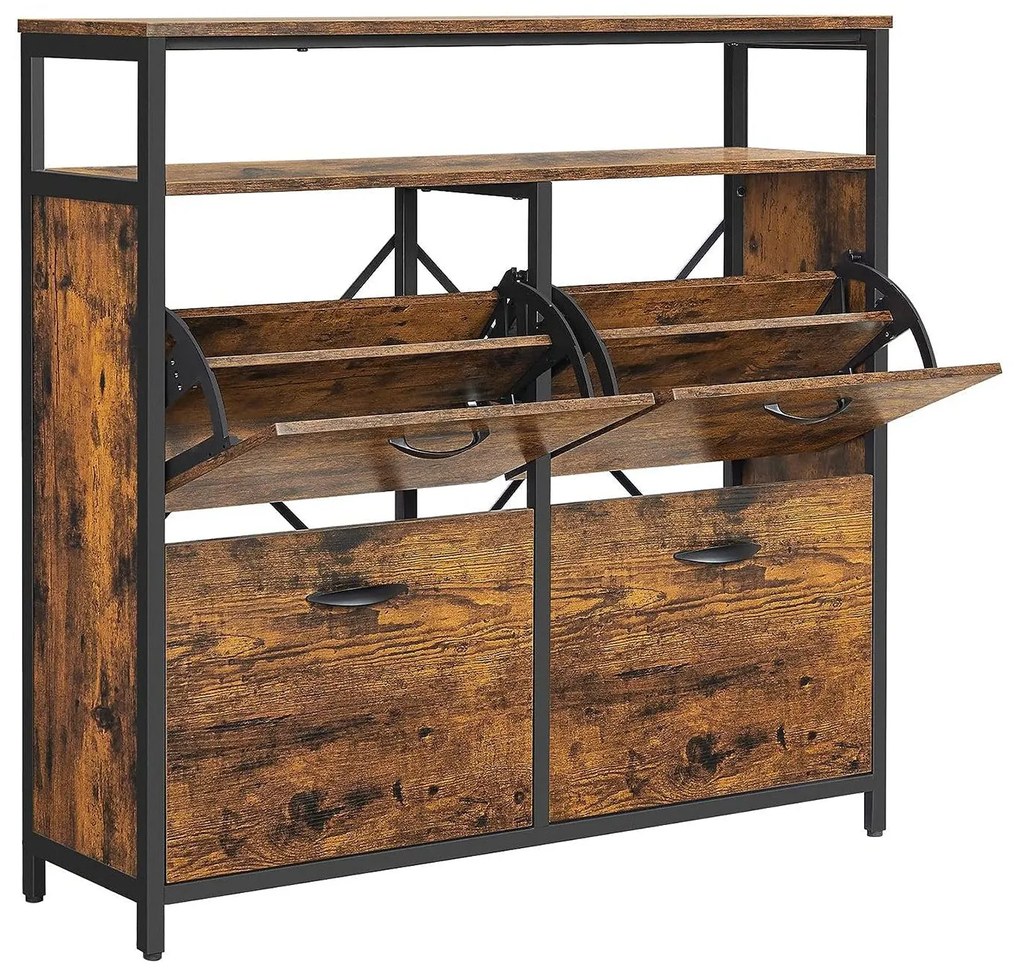 Skrinka na topánky, úžky botník so 4 dvierkami, rustikálny hnedý