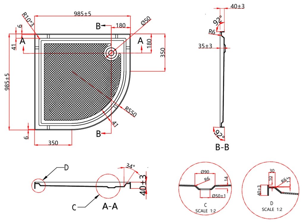 Erga Laos, štvrťkruhová sprchová vanička 100x100x5cm, akrylát, biela lesklá, ERG-V06-ACR-1010Q-WH-CR