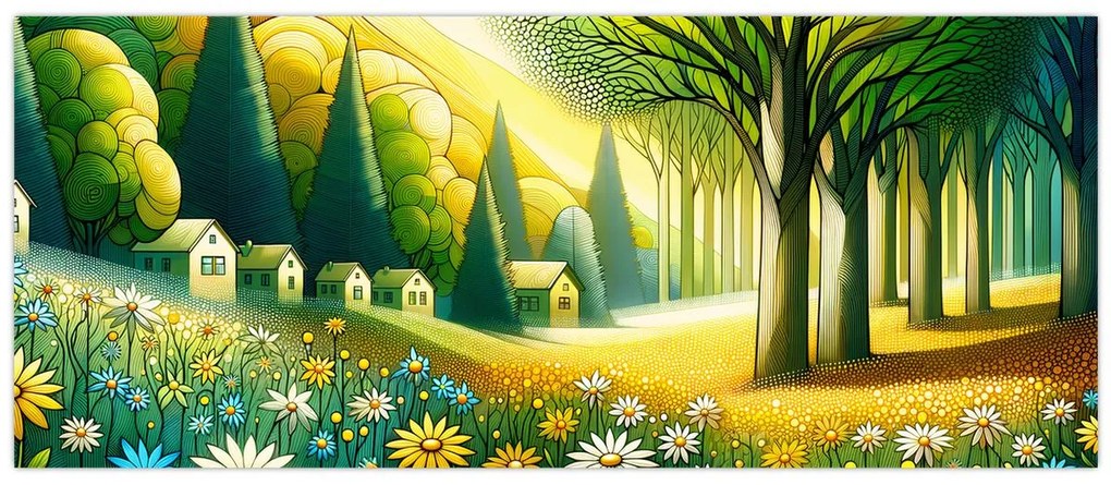 Obraz - Dedina v žlto-zelenej (120x50 cm)