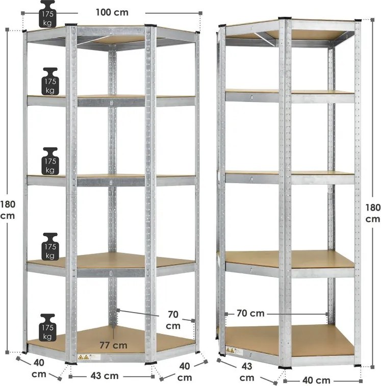 Kovový rohový regál 180x70x40-70 cm, 5 políc, nosnosť 875 kg