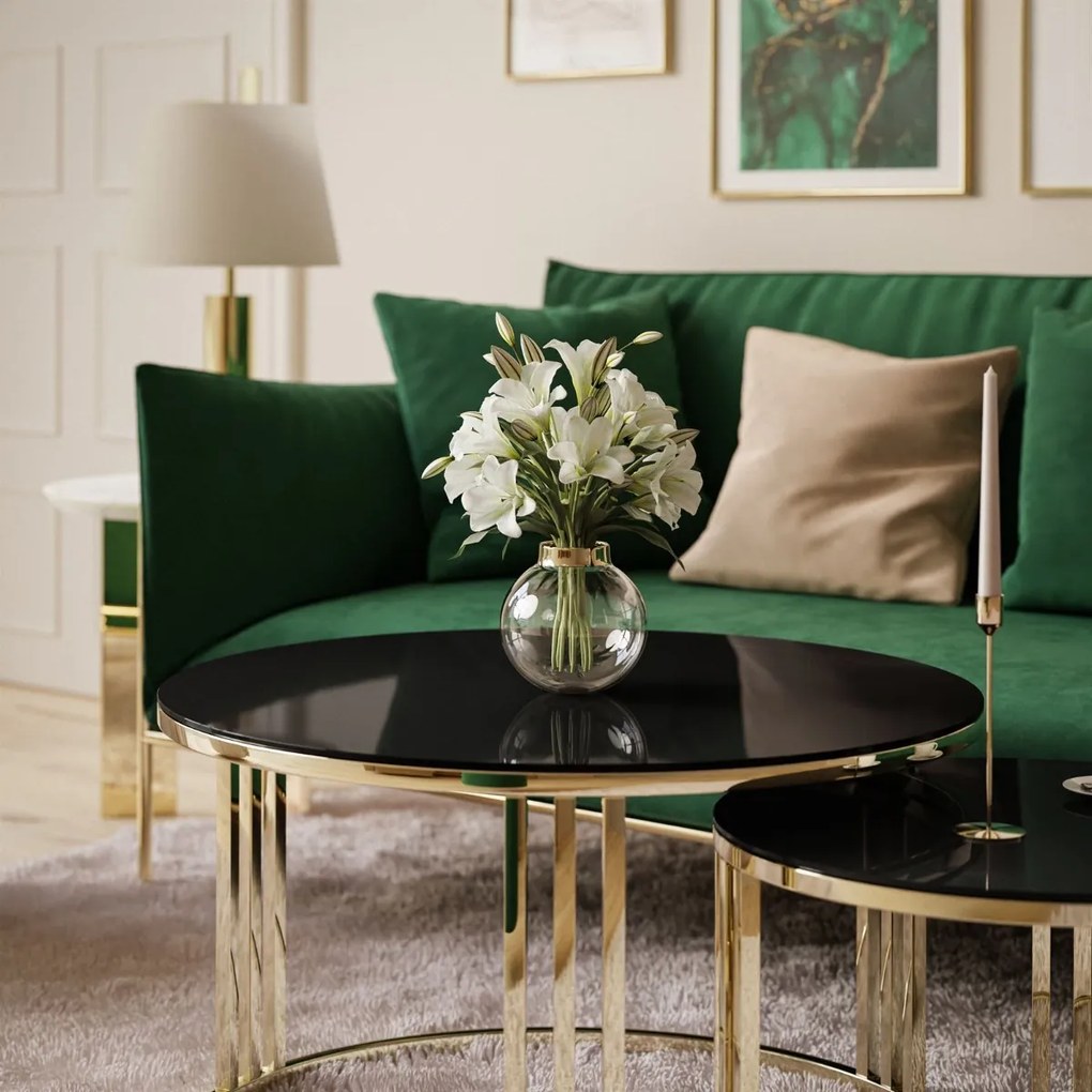 OKRÚHLY KONFERENČNÝ STOLÍK 2v1 LEONARDO 2 GLOSS CHROME ČIERNE SKLO + ZLATÝ