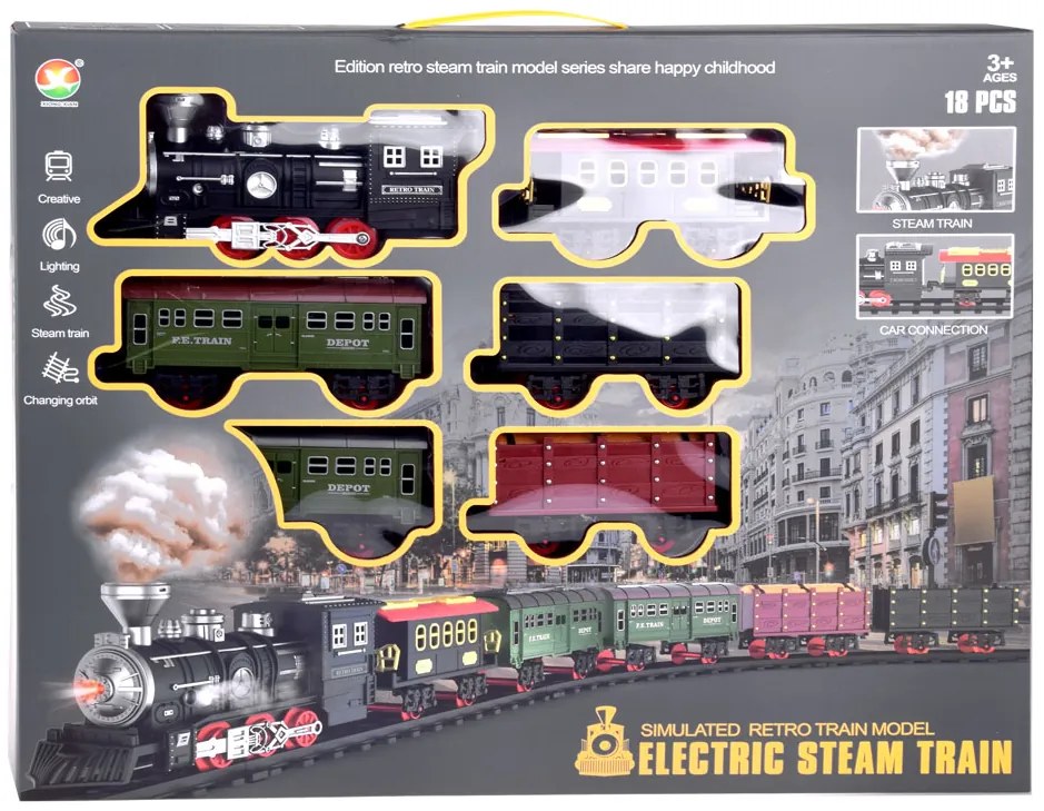 Vláčik s koľajami s lokomotívou a piatimi vagónmi RC0629