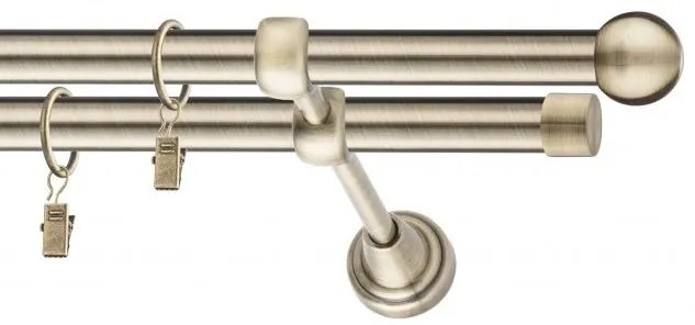 Dekorstudio Mosadzná dvojradová garniža GUĽA 19mm Dĺžka: 320cm, Typ uchytenia: Držiak dvojitý modern, Typ príslušenstva: Krúžky tiché so štipcami
