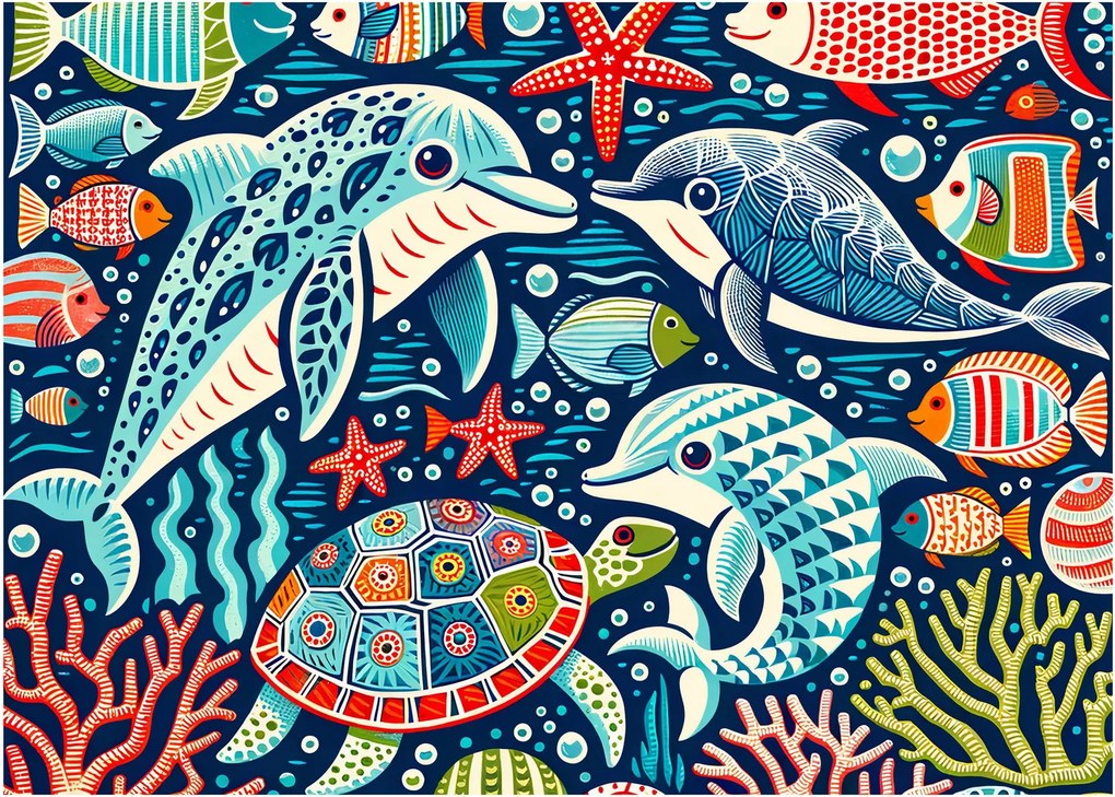 Sklenený obraz – Kreslené vodné zvieratká (70x50 cm)