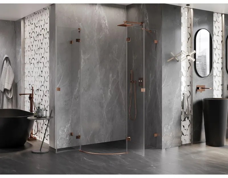 Mexen Lunar, pravý polkruhový sprchový kút 90 x 80 cm, 8mm číre sklo, profil ružové zlato, 833-090P-080L-60-00