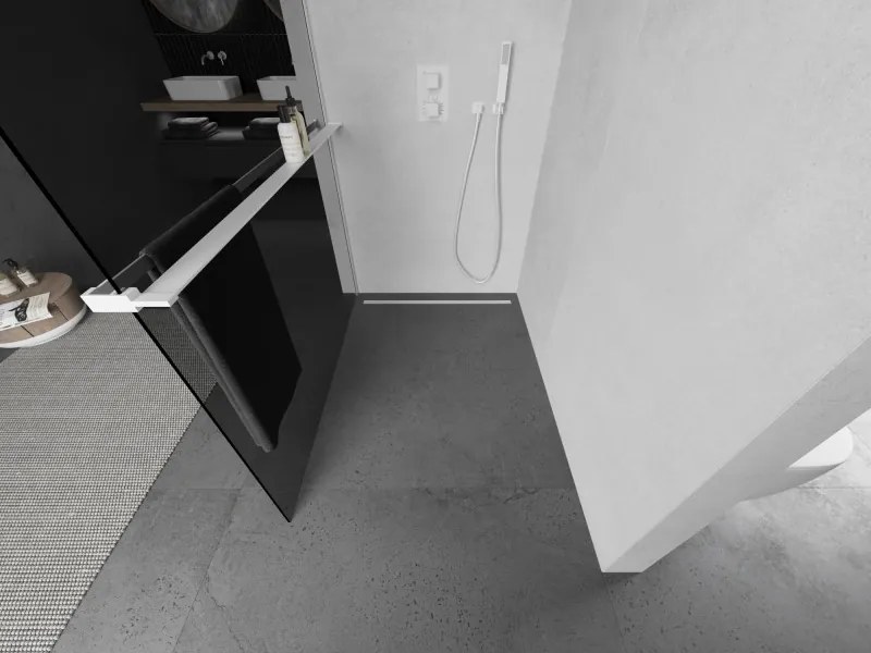 Mexen Kioto+, sprchová zástena Walk-In s poličkou a vešiakom 100 x 200 cm, 8mm šedé sklo, biely profil, 800-100-121-20-40