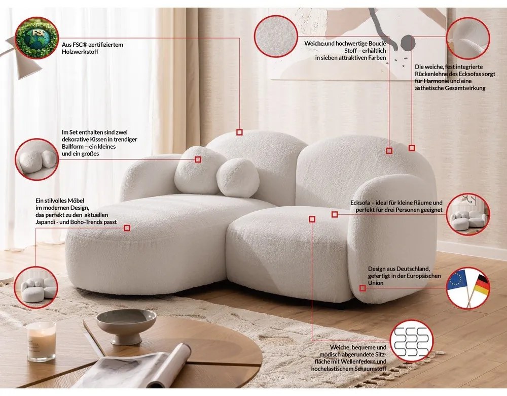 Krémová rohová pohovka z textílie buklé (ľavý roh/s leňoškou) Orbit – Ropez