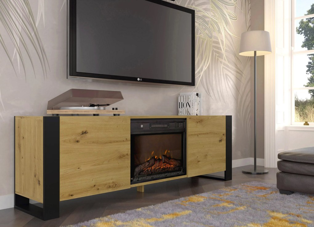TV skrinka/stolík s krbom Montana (dub artisan + čierna). Akcia -20%. Vlastná spoľahlivá doprava až k Vám domov. 1124958